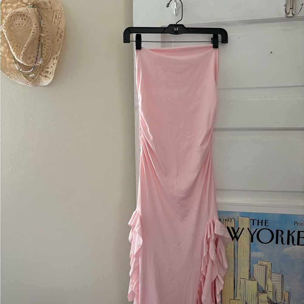 Pink Maxi dress with Ruffled Ruched Details